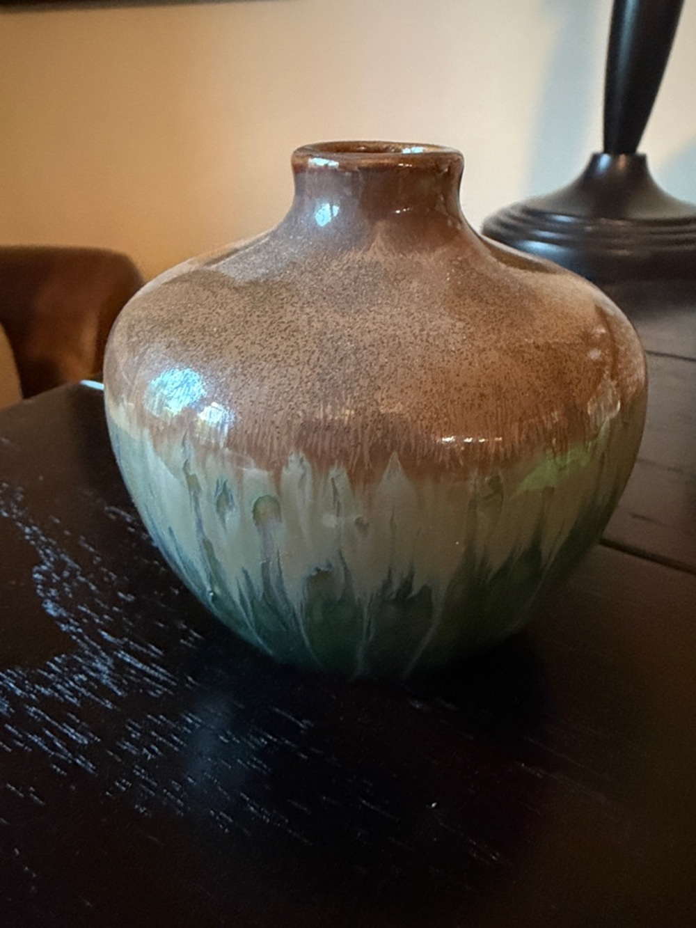 Glazed Ceramic Vase in Brown, Cream & Green